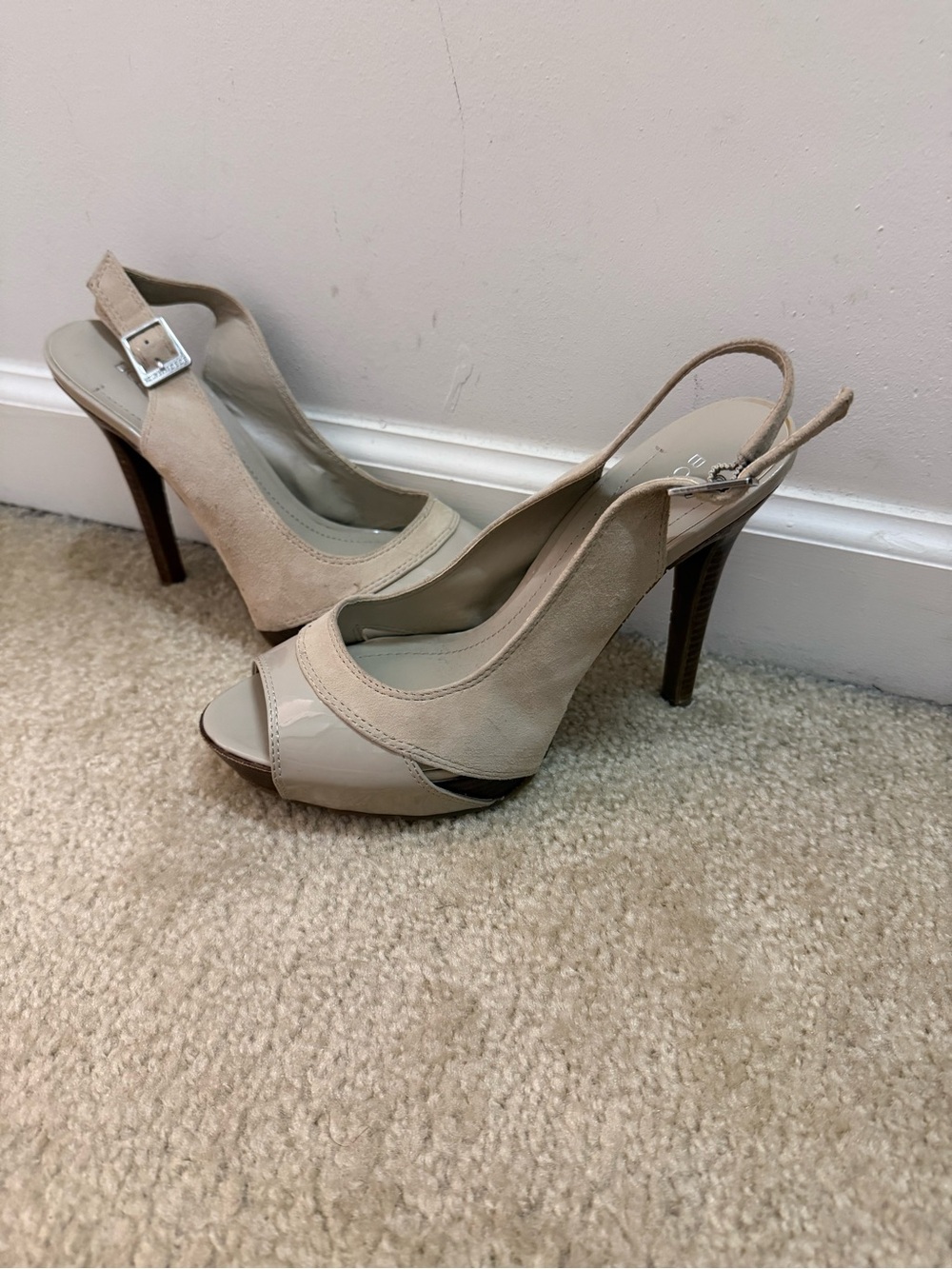 BCBGeneration Beige and Cream Peep-Toe Slingback Heels